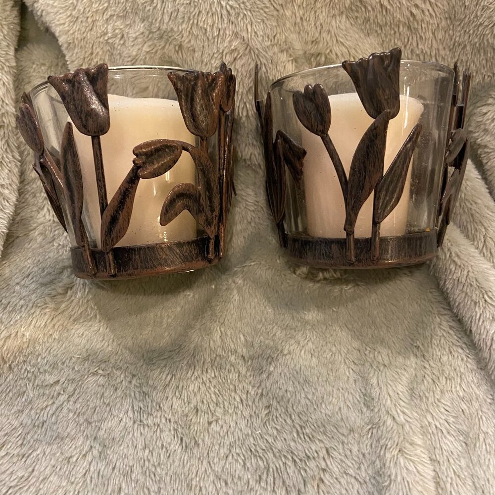 Yankee Candle~Set of 2~NEW Black Metal Votive Holders w/Tulips~Candles Included